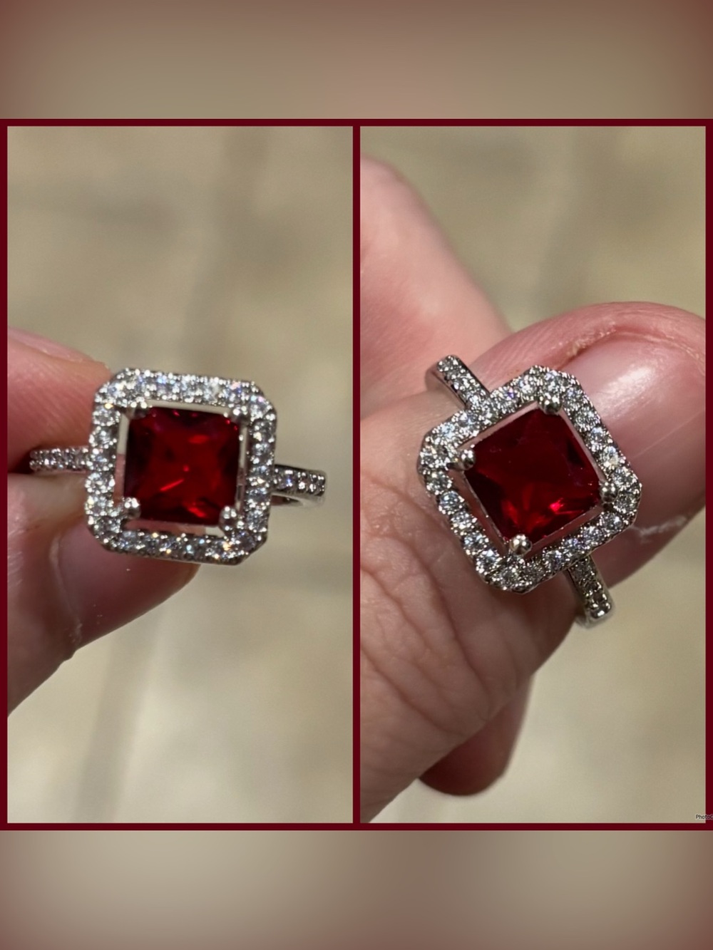 Elegant Red Square Halo Adjustable 6-10 Ring with Clear Pavé Accent